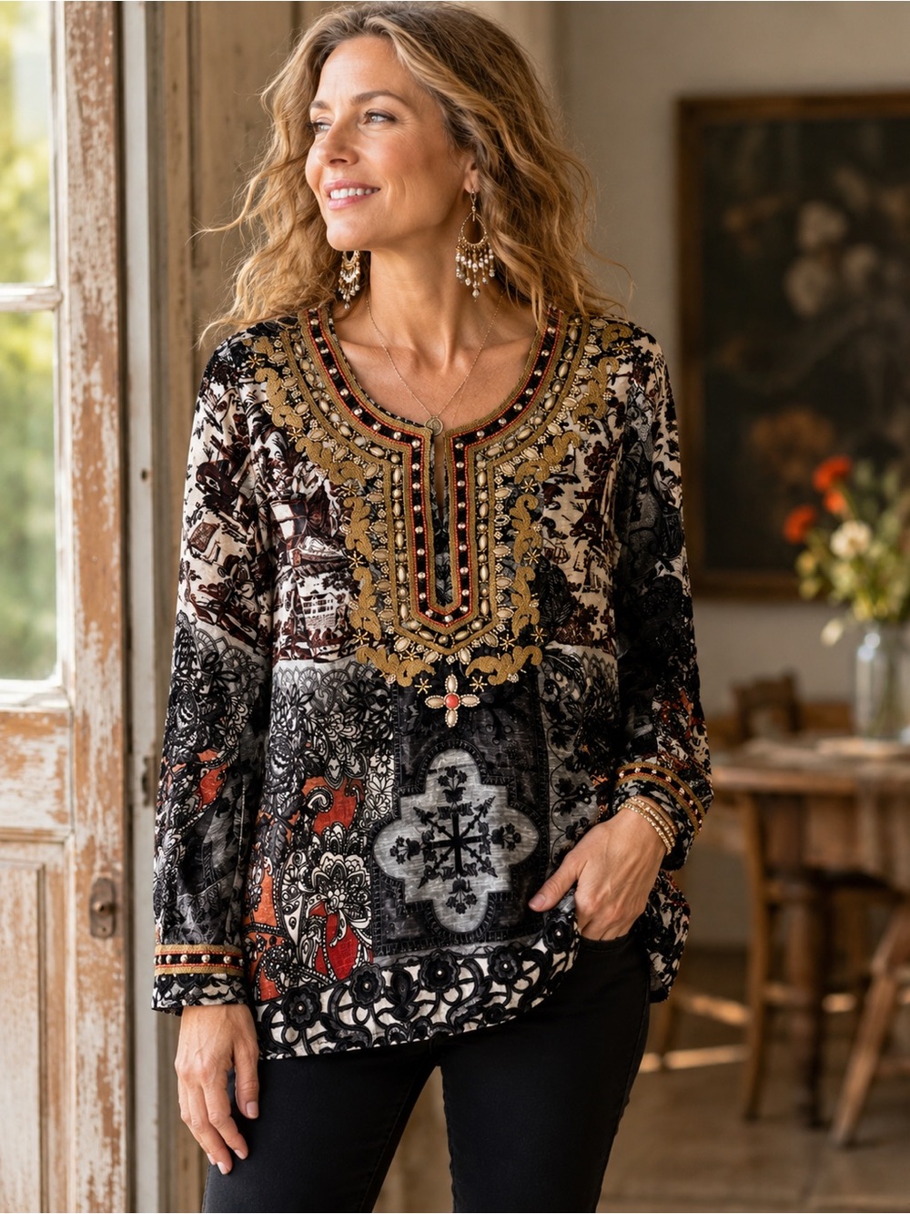 Soft Surroundings Venetian Velvet Embellished Tunic PS Boho Beaded Gem Top